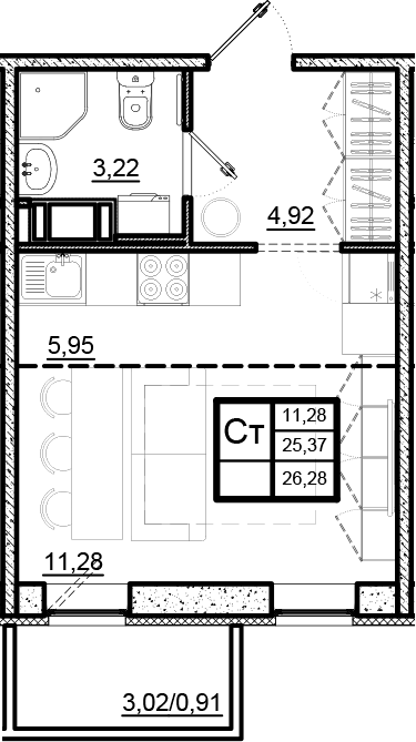 Планировка: Студия · 26,28 м²
