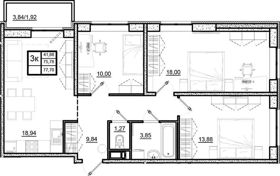 Планировка: 4Е-к.кв · 77,7 м²