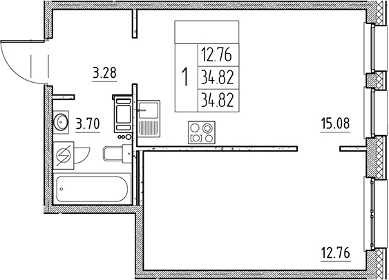 Планировка: 2Е-к.кв · 34,82 м²