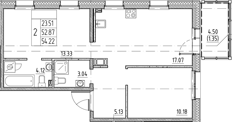 Планировка: 3Е-к.кв · 54,22 м²