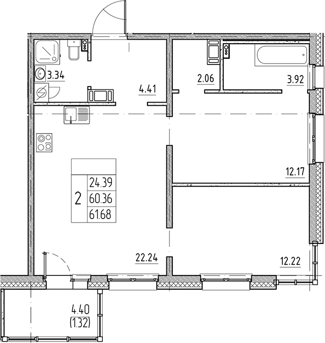 Планировка: 3Е-к.кв · 61,68 м²