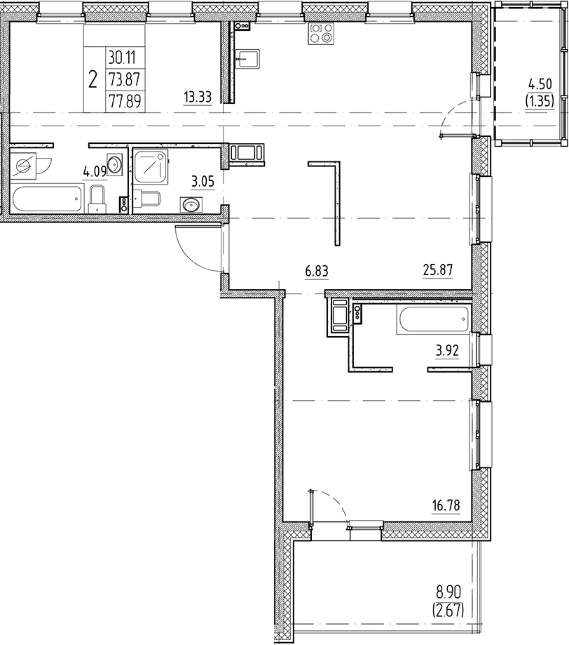 Планировка: 3Е-к.кв · 77,89 м²