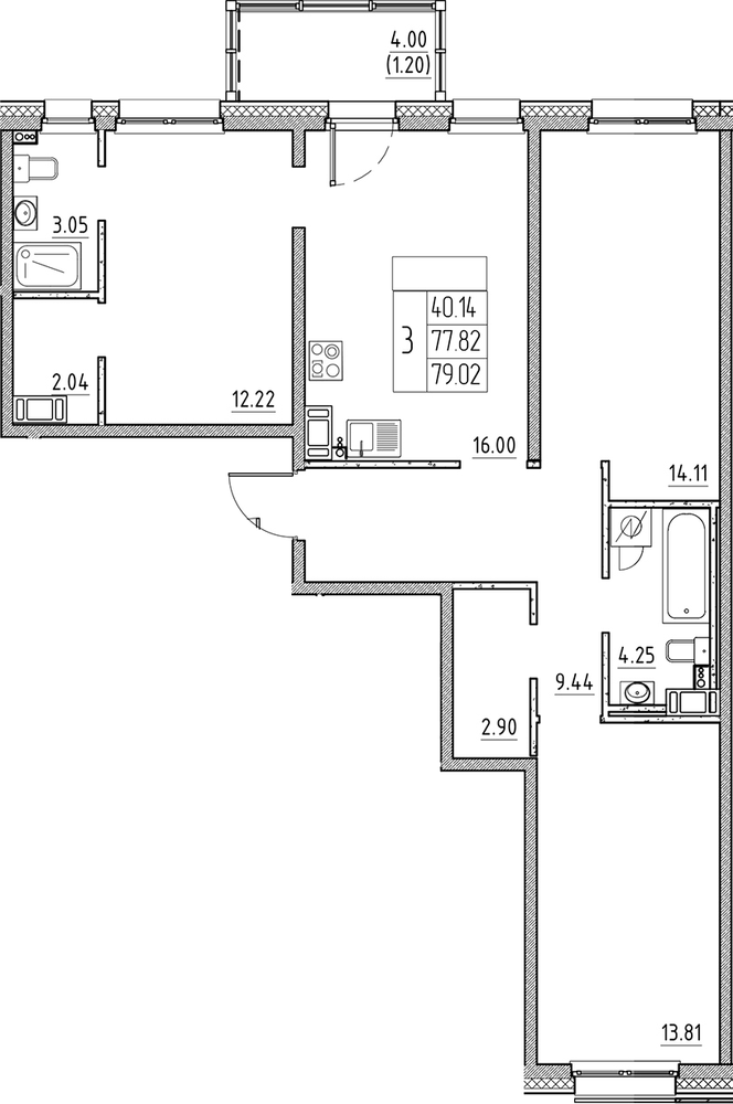 Планировка: 4Е-к.кв · 79,02 м²
