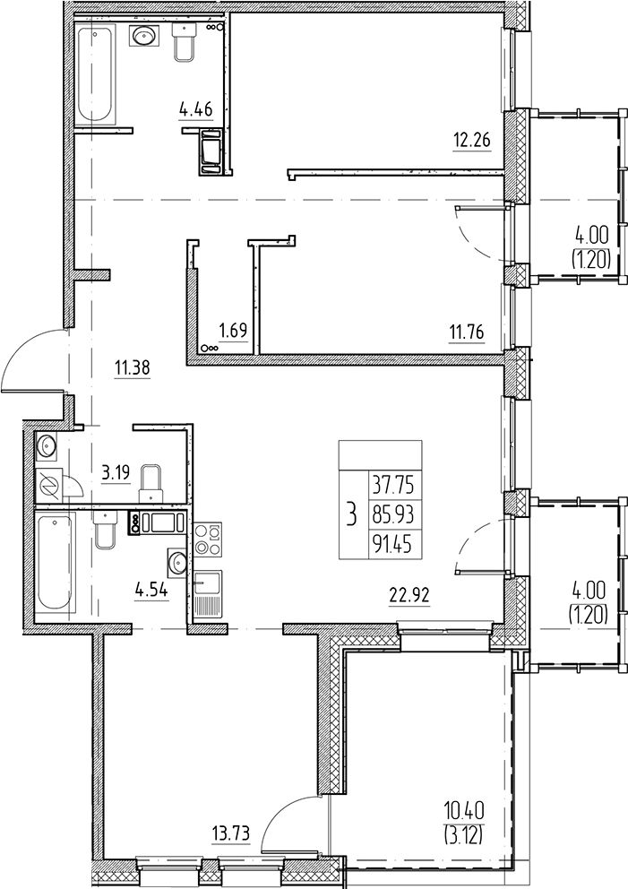 Планировка: 4Е-к.кв · 91,45 м²