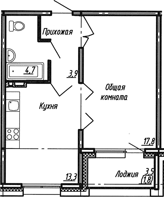 Планировка: 1 комната · 41,5 м²