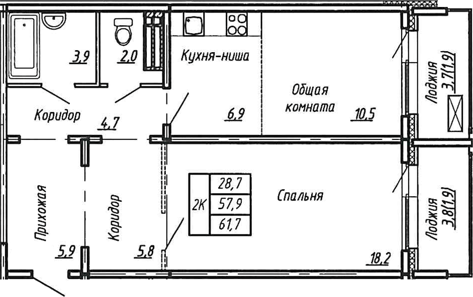 Планировка: 2Е-к.кв · 61,7 м²