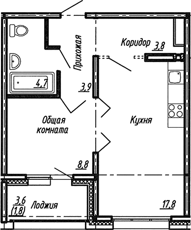 Планировка: 2Е-к.кв · 40,8 м²