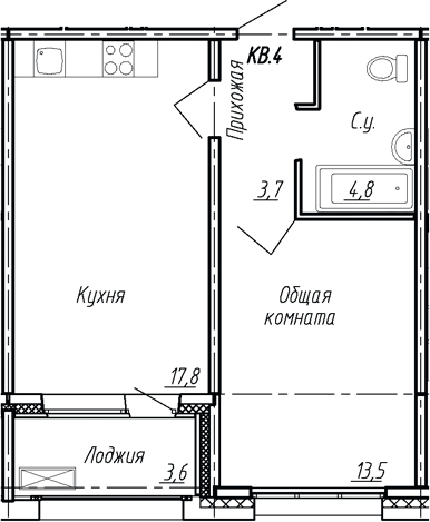 Планировка: 2Е-к.кв · 43,4 м²