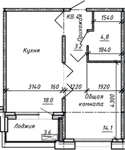 Планировка: 2Е-к.кв · 43,4 м²
