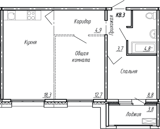 Планировка: 3Е-к.кв · 57 м²