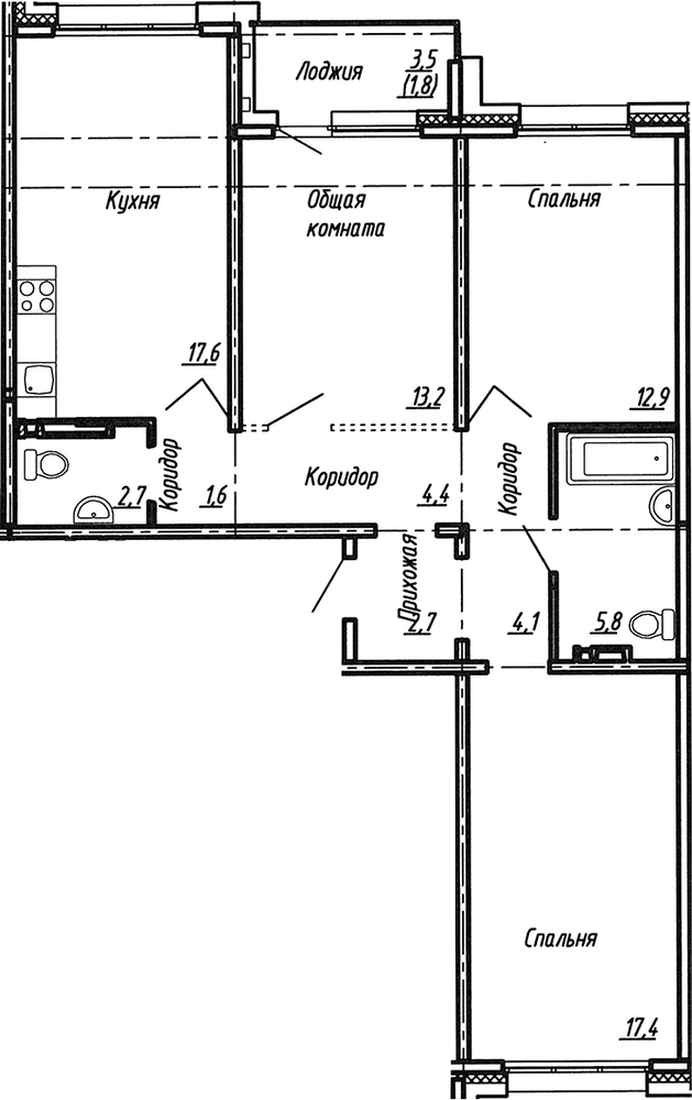 Планировка: 4Е-к.кв · 84,2 м²