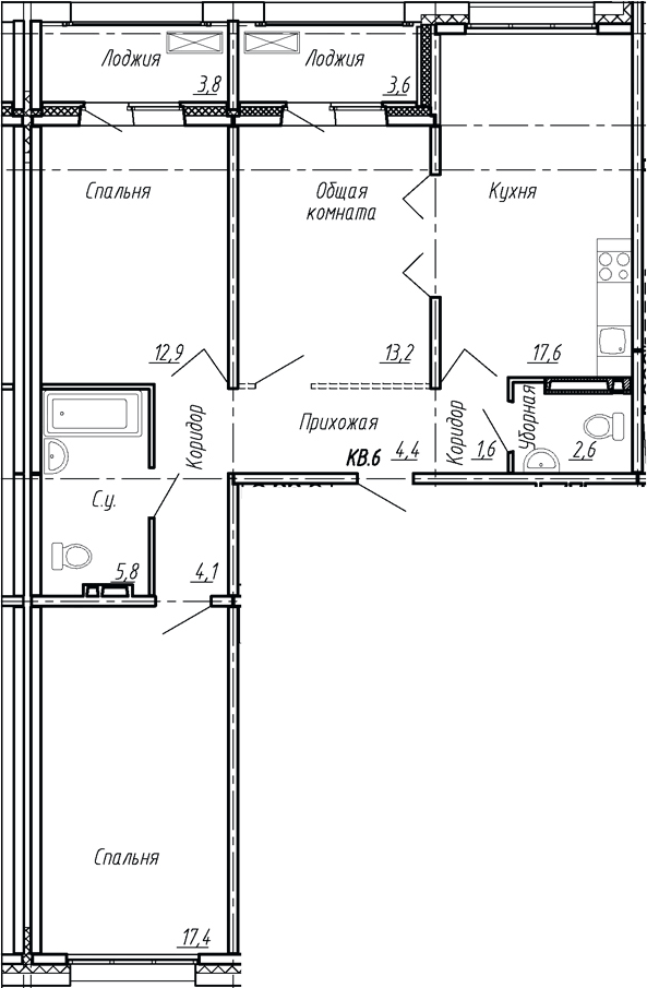 Планировка: 4Е-к.кв · 87 м²
