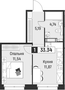 Планировка: 1 комната · 33,34 м²