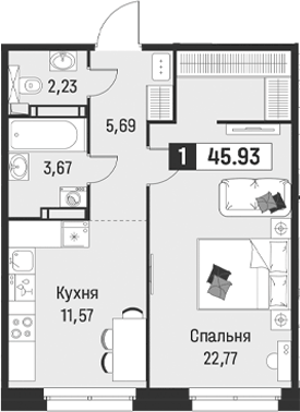 Планировка: 1 комната · 45,93 м²