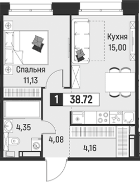 Планировка: 2Е-к.кв · 38,72 м²
