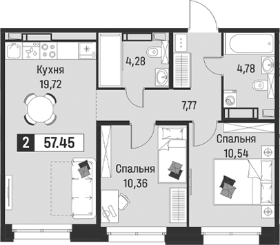 Планировка: 3Е-к.кв · 57,45 м²