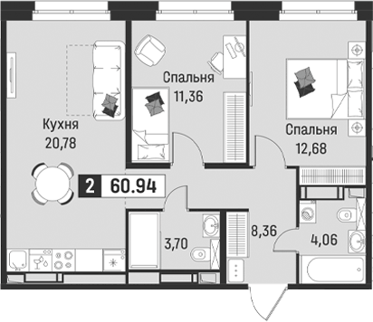 Планировка: 3Е-к.кв · 60,94 м²