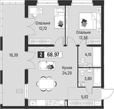 Планировка: 3Е-к.кв · 68,97 м²