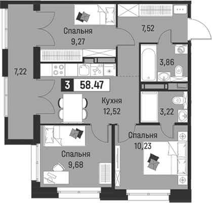 Планировка: 3 комнаты · 58,47 м²
