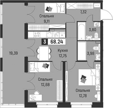 Планировка: 3 комнаты · 68,24 м²