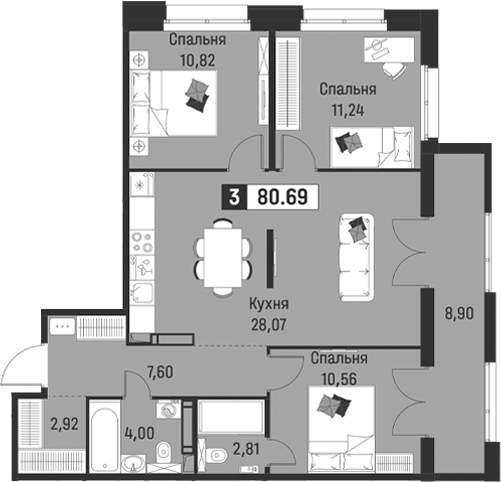 Планировка: 4Е-к.кв · 80,69 м²