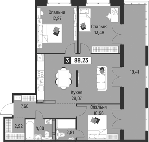 Планировка: 4Е-к.кв · 88,23 м²