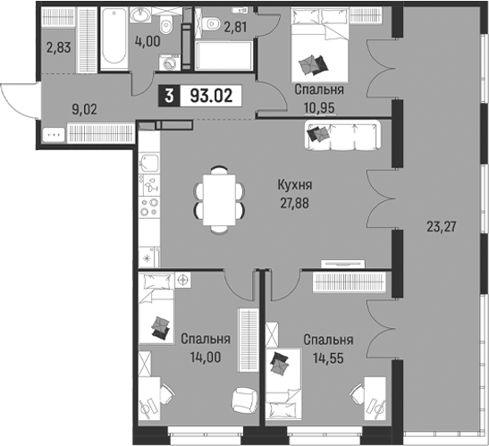 Планировка: 4Е-к.кв · 93,02 м²