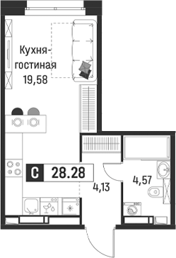 Планировка: Студия · 28,28 м²