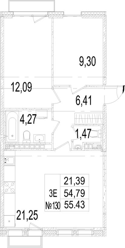 Планировка: 3Е-к.кв · 55,43 м²