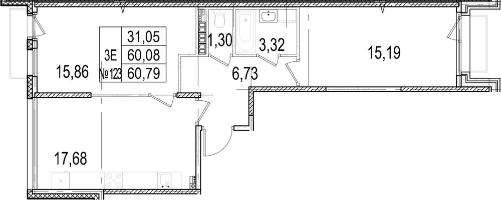 Планировка: 3Е-к.кв · 60,79 м²