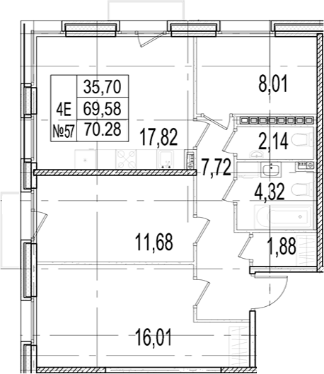 Планировка: 4Е-к.кв · 70,28 м²