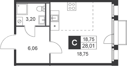 Планировка: Студия · 28,01 м²