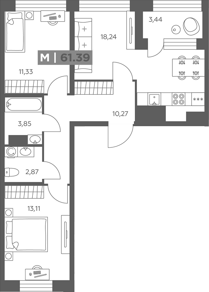 Планировка: 3Е-к.кв · 61,39 м²