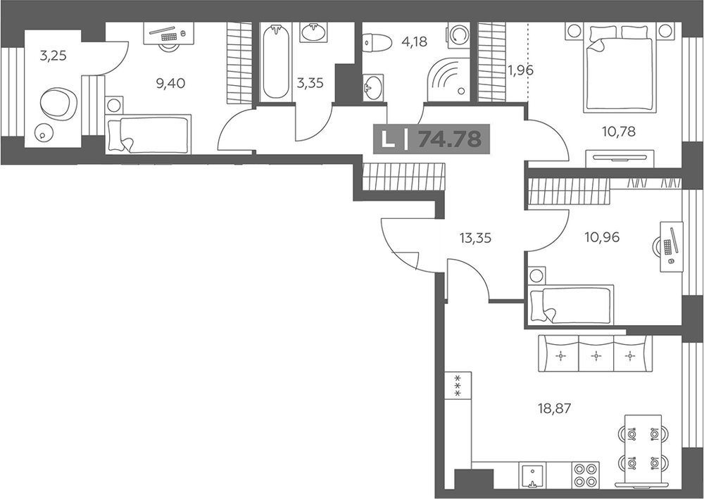 Планировка: 4Е-к.кв · 74,48 м²