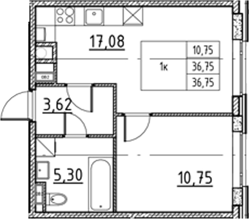 Планировка: 2Е-к.кв · 36,75 м²
