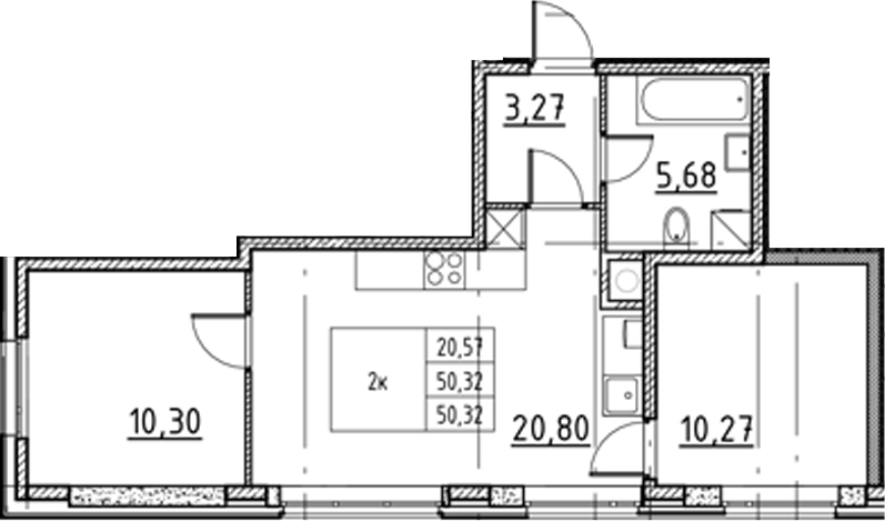 Планировка: 3Е-к.кв · 50,32 м²
