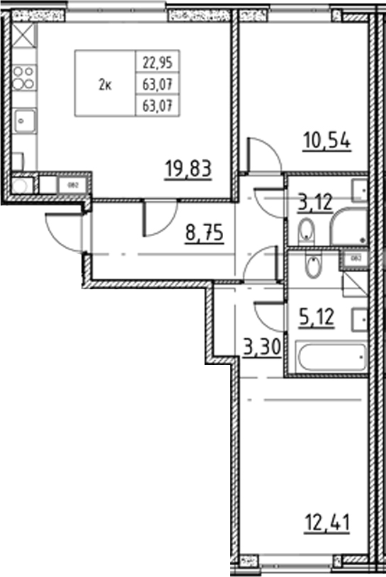 Планировка: 3Е-к.кв · 63,07 м²