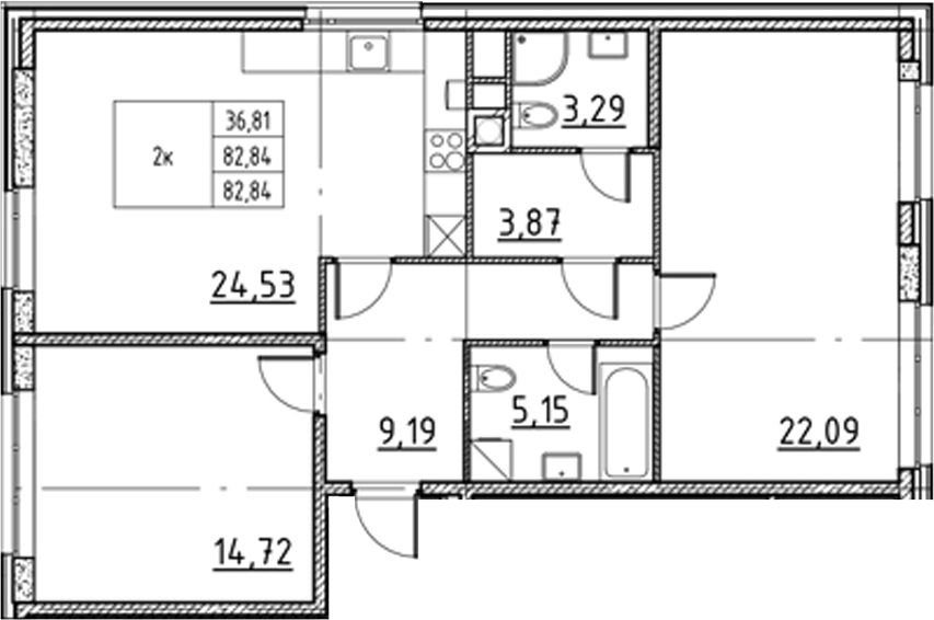 Планировка: 3Е-к.кв · 82,84 м²