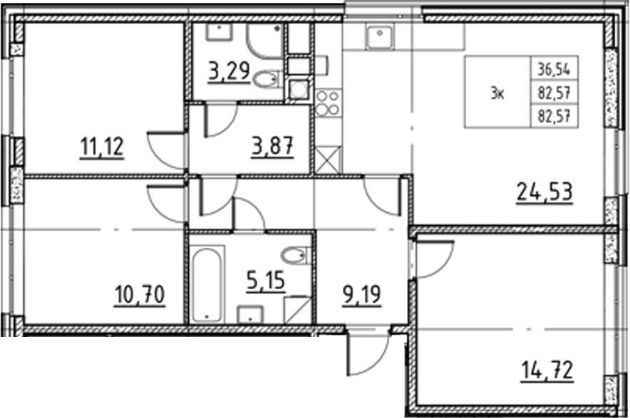 Планировка: 4Е-к.кв · 82,57 м²