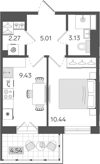Планировка: 1 комната · 31,64 м²