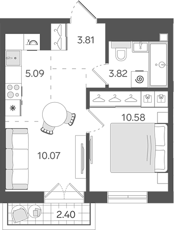 Планировка: 2Е-к.кв · 34,09 м²