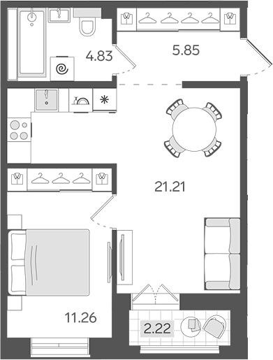 Планировка: 2Е-к.кв · 44,26 м²