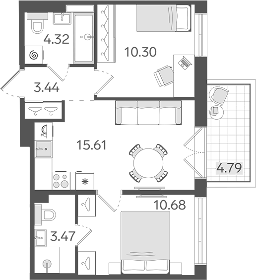 Планировка: 3Е-к.кв · 49,26 м²