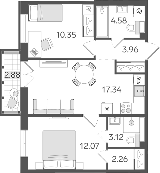 Планировка: 3Е-к.кв · 54,54 м²
