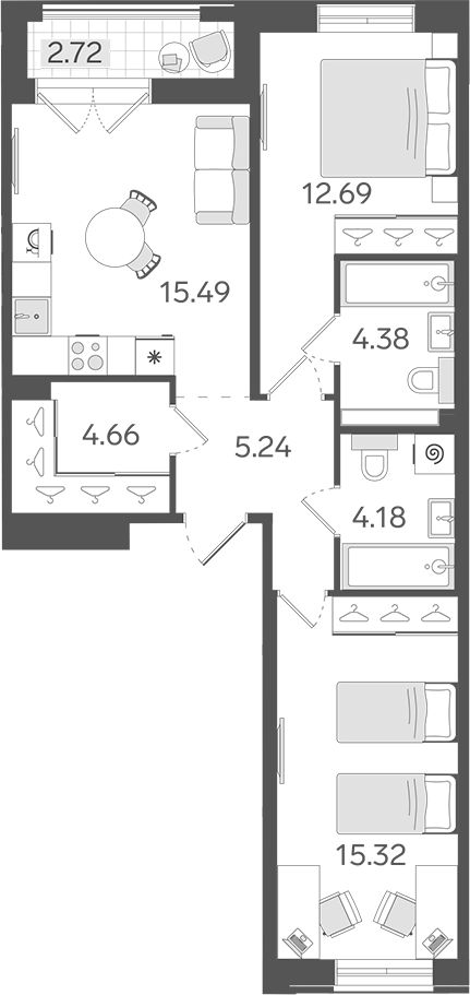 Планировка: 3Е-к.кв · 63,32 м²