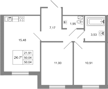 Планировка: 3Е-к.кв · 50,04 м²