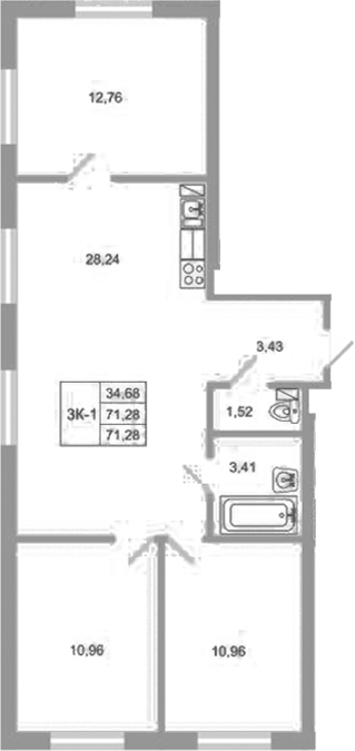 Планировка: 4Е-к.кв · 71,28 м²