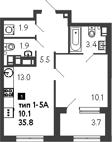 Планировка: 1 комната · 37,65 м²