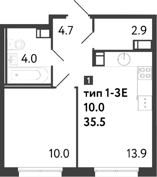 Планировка: 1 комната · 35,5 м²