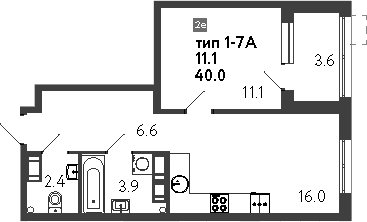 Планировка: 2Е-к.кв · 41,8 м²